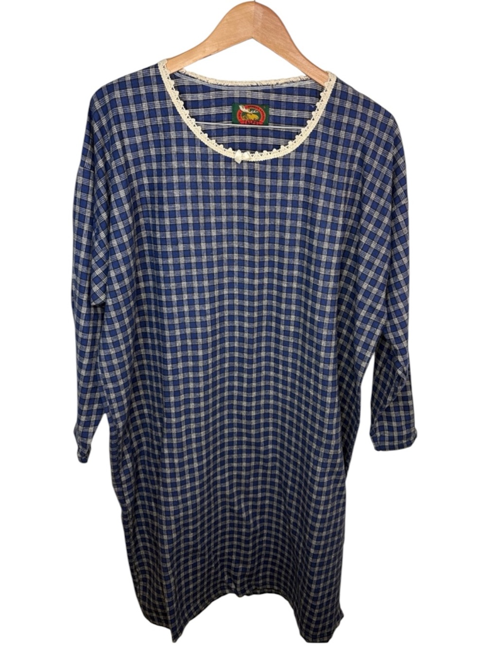 Alps Blue Plaid Cotton Lace Collar Long Sleeve Nightgown USA Women Size L